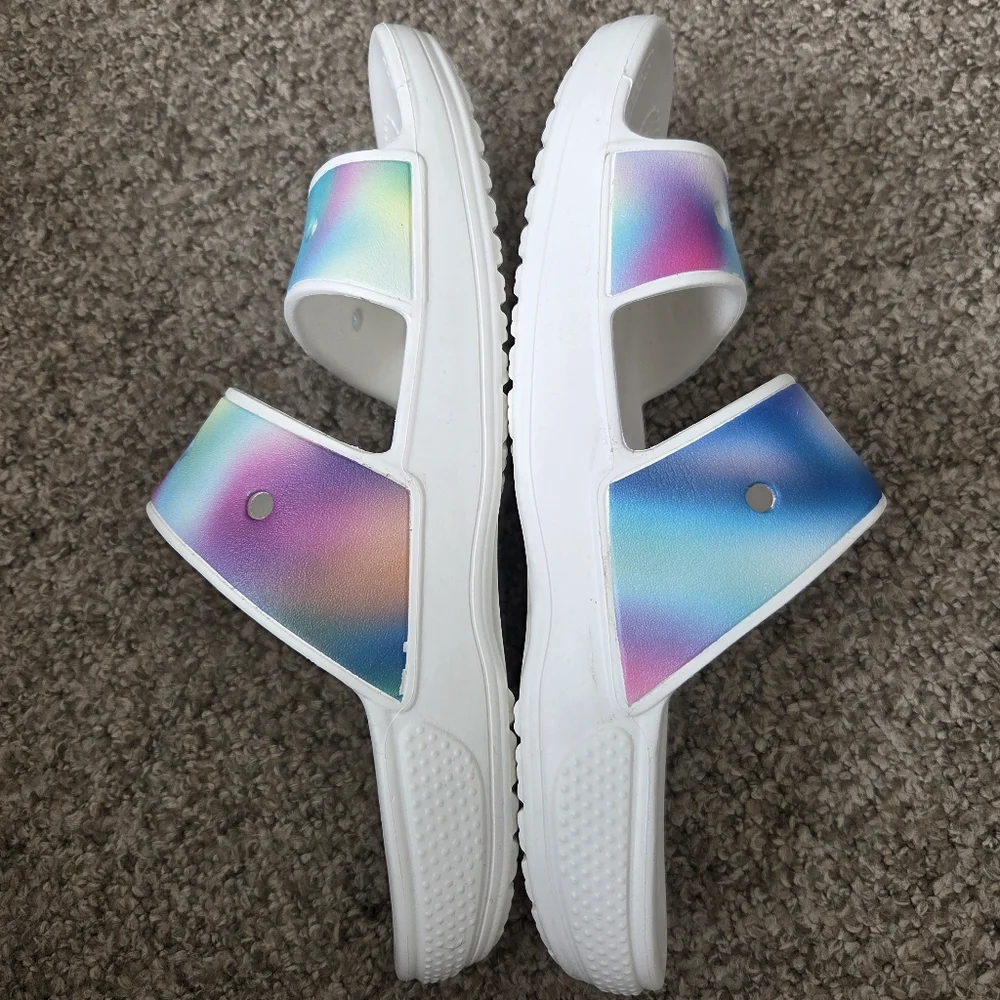 Crocs Solarized Tie Dye Two-Strap Sandals Mens Size 11 -White/Rainbow